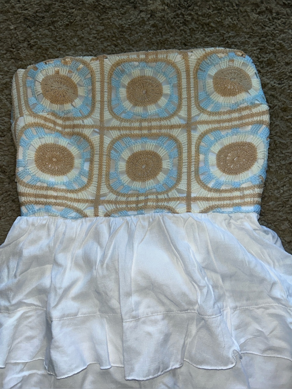 Francesca's Collections White Ruffle Skirt with Blue and Tan Crochet Bodice